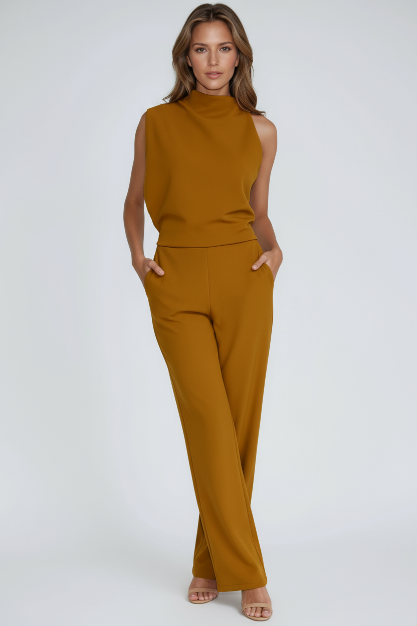 Damesjumpsuit, one-shoulder — elegante jumpsuit met wijde pijpen