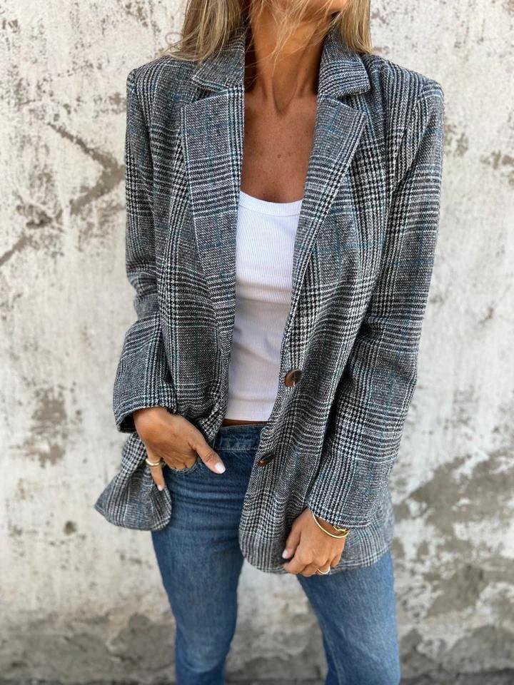 Damesblazer, geruit — elegante linnen blazer voor herfst en winter