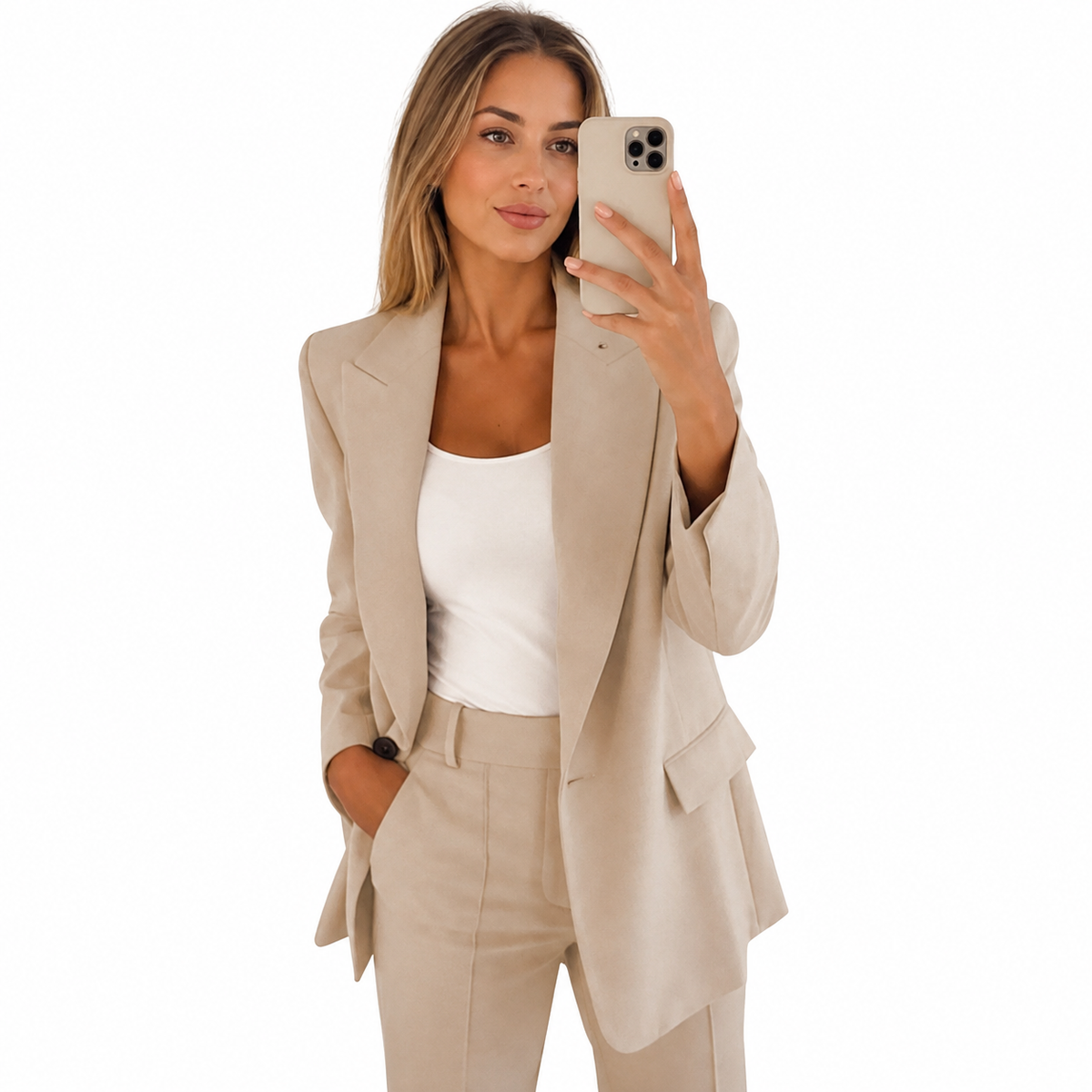 Dames pak — elegante linnen blazer en pantalon, effen