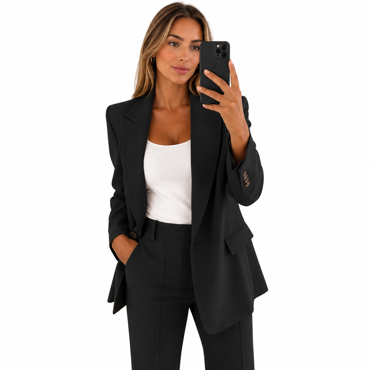Dames pak — elegante linnen blazer en pantalon, effen