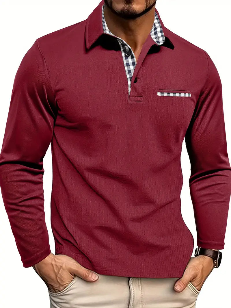 Heren piquéshirt met lange mouwen — klassiek wintermodel van katoen met kraag en knoopsluiting