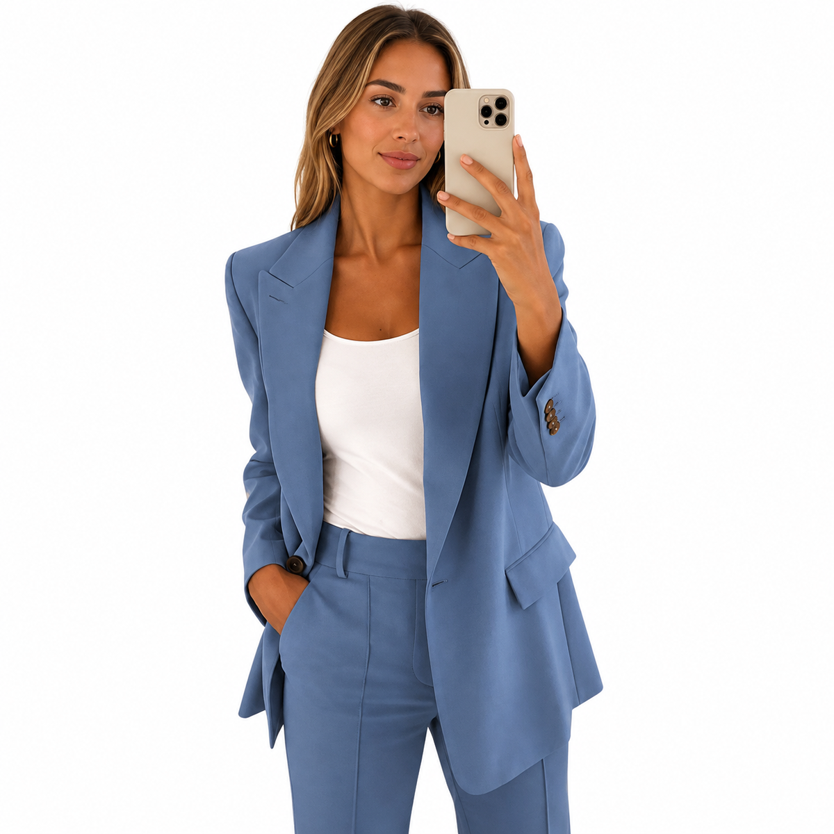 Dames pak — elegante linnen blazer en pantalon, effen