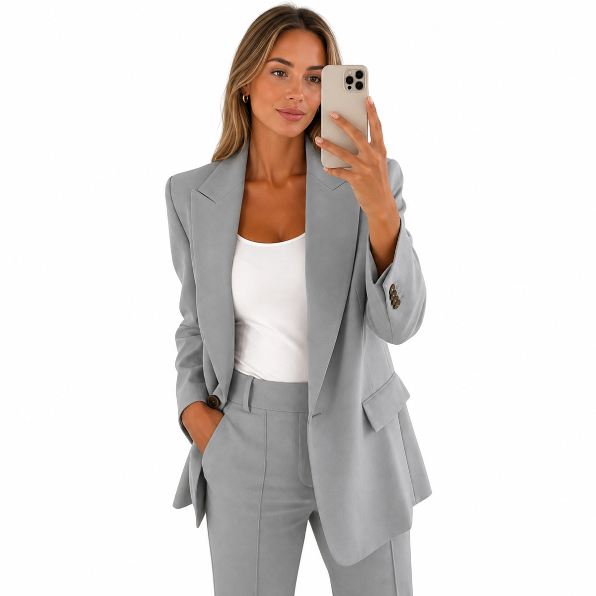 Dames pak — elegante linnen blazer en pantalon, effen