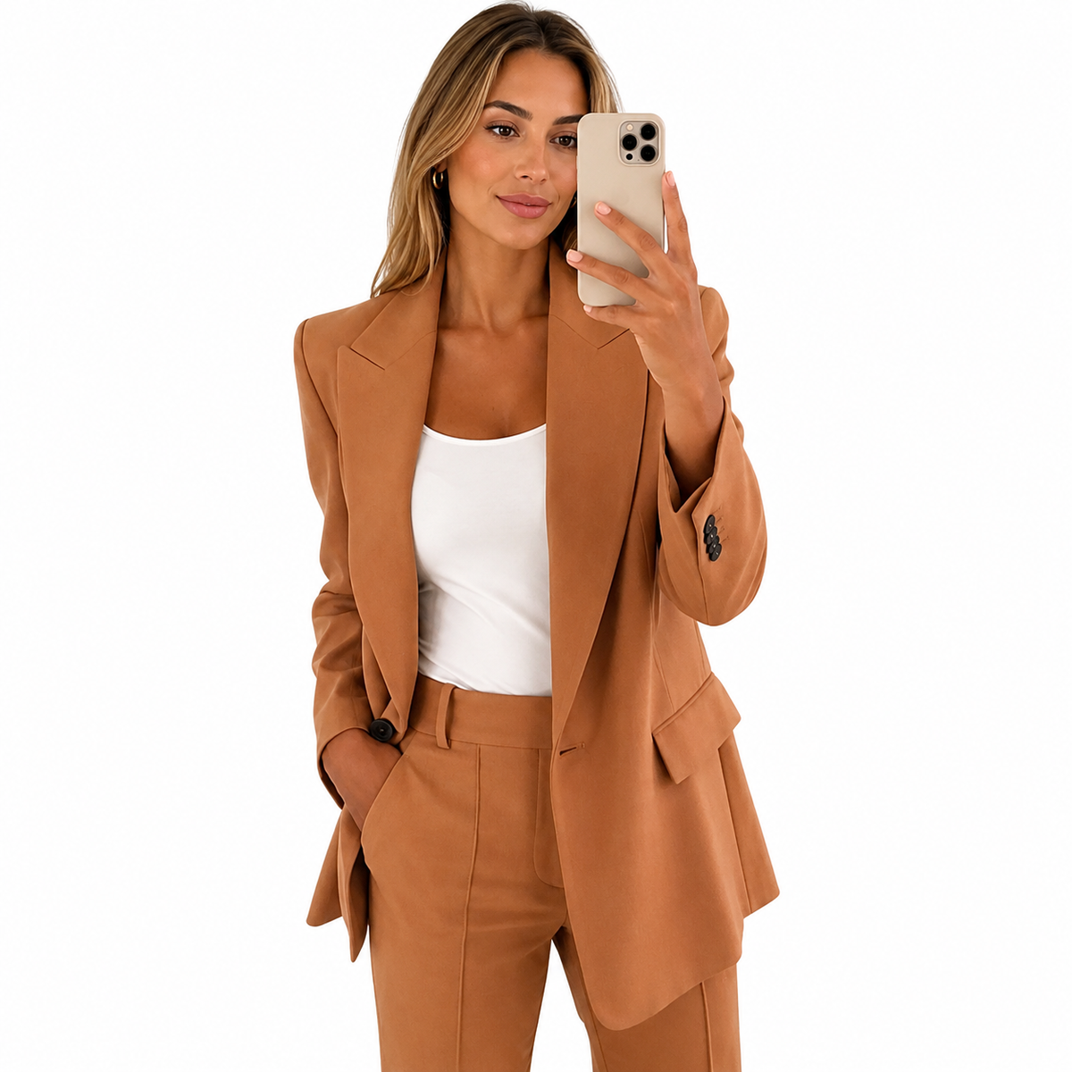 Dames pak — elegante linnen blazer en pantalon, effen