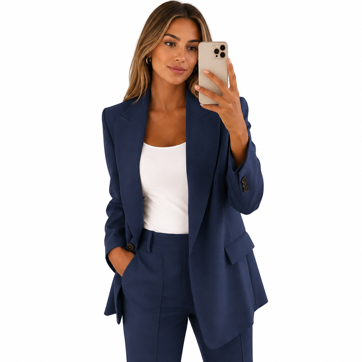 Dames pak — elegante linnen blazer en pantalon, effen