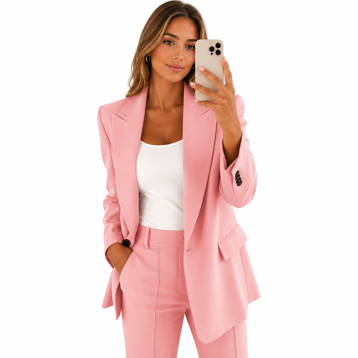 Dames pak — elegante linnen blazer en pantalon, effen