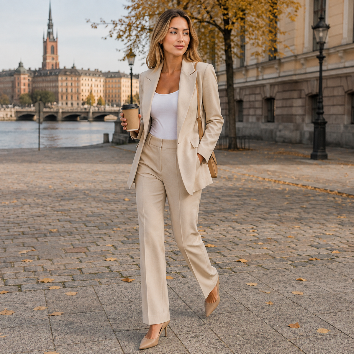 Dames pak — elegante linnen blazer en pantalon, effen