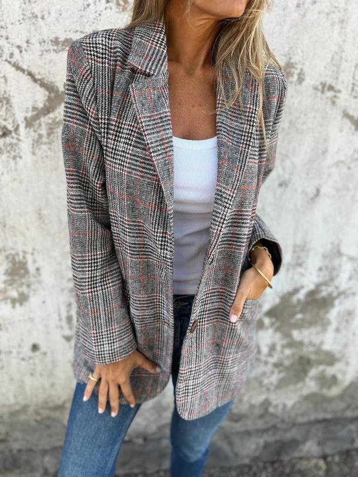 Damesblazer, geruit — elegante linnen blazer voor herfst en winter