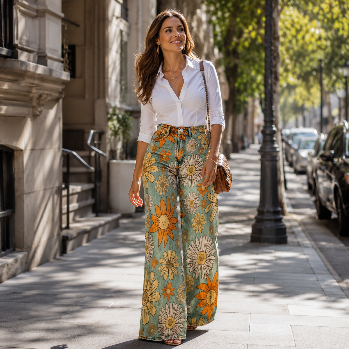 Damesjeans, wijde pijpen — high-waist, uitlopende jeans met bloemenprint