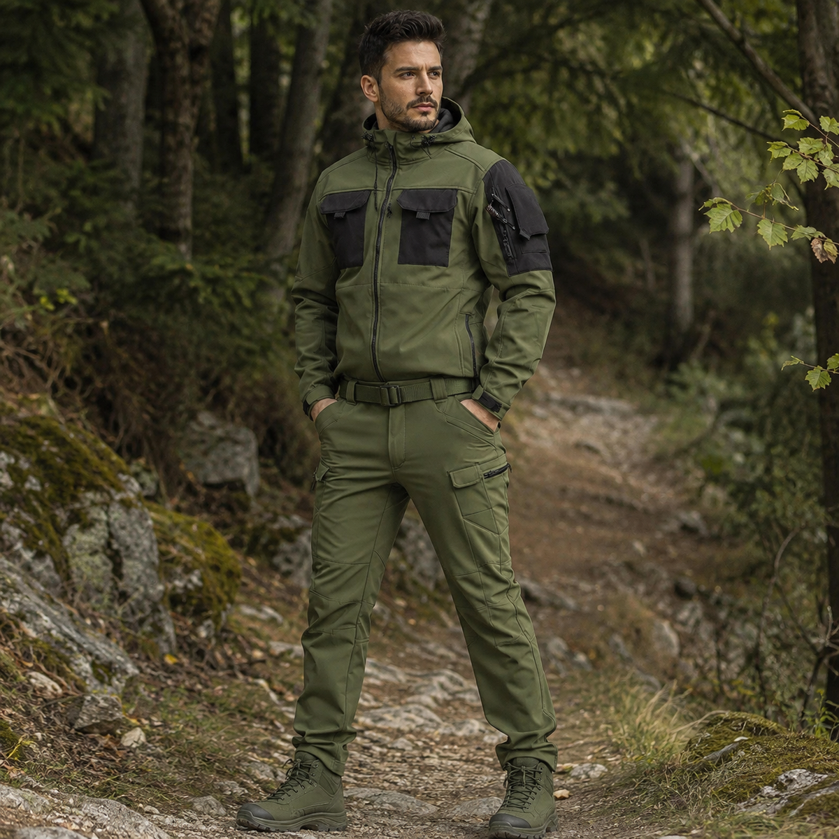 Heren outdoor set van softshell — wind- en waterdichte jas en broek