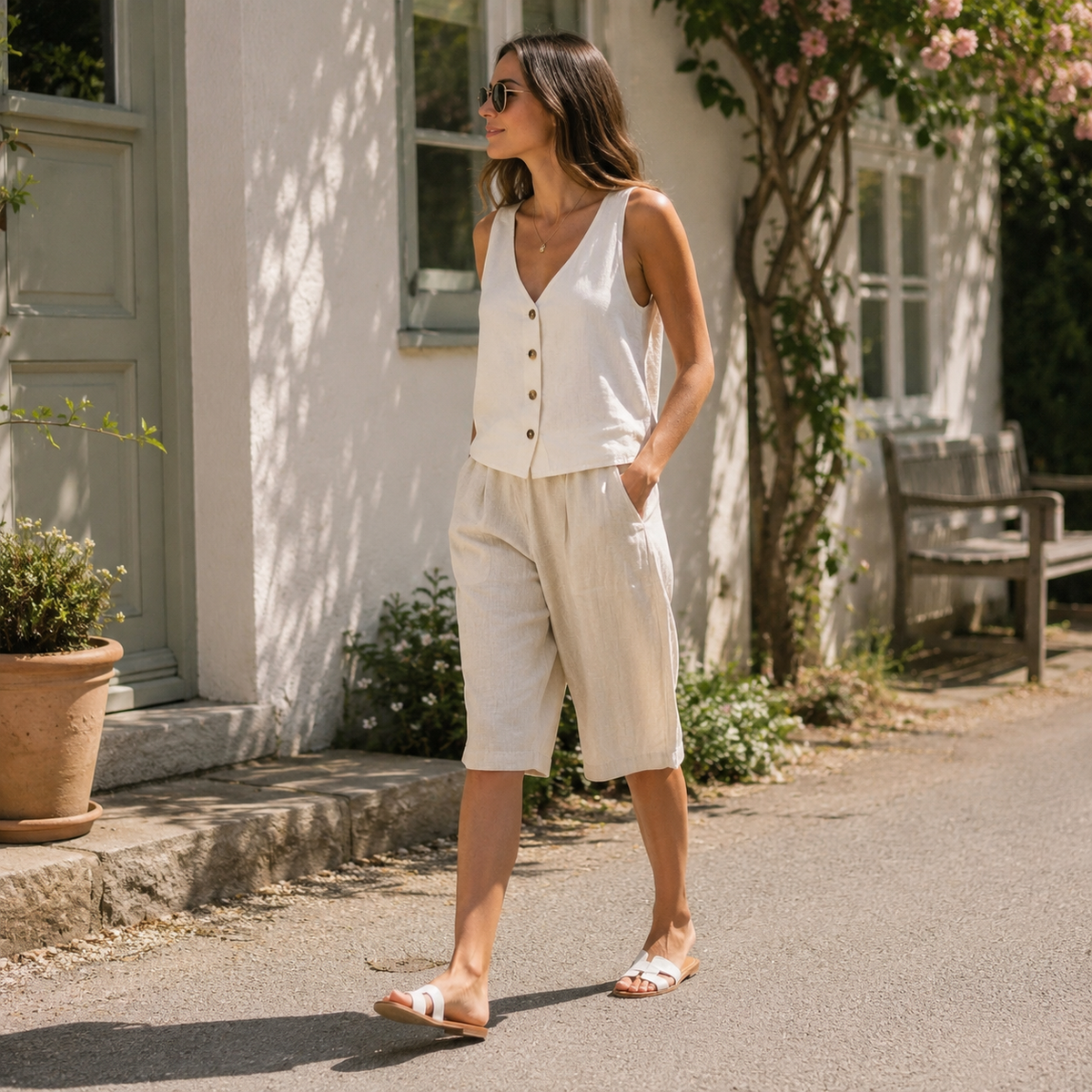 Dames shorts, knielang — casual linnen shorts met zijzakken