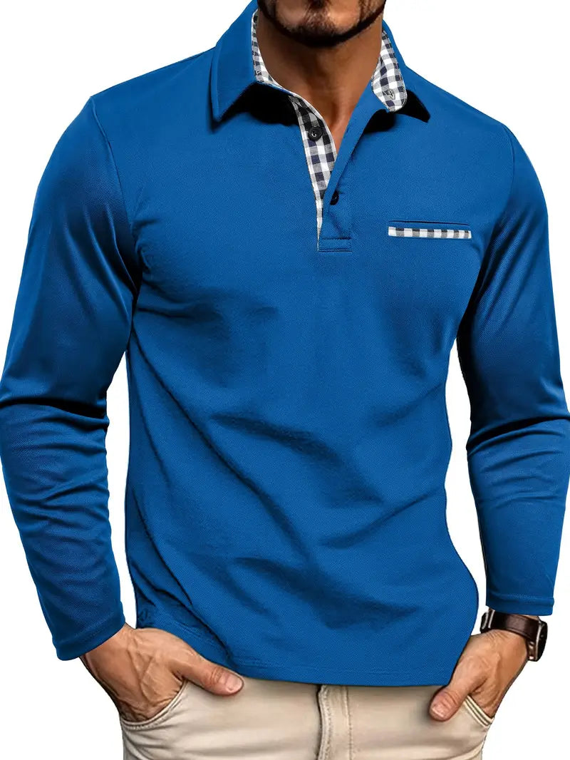 Heren piquéshirt met lange mouwen — klassiek wintermodel van katoen met kraag en knoopsluiting