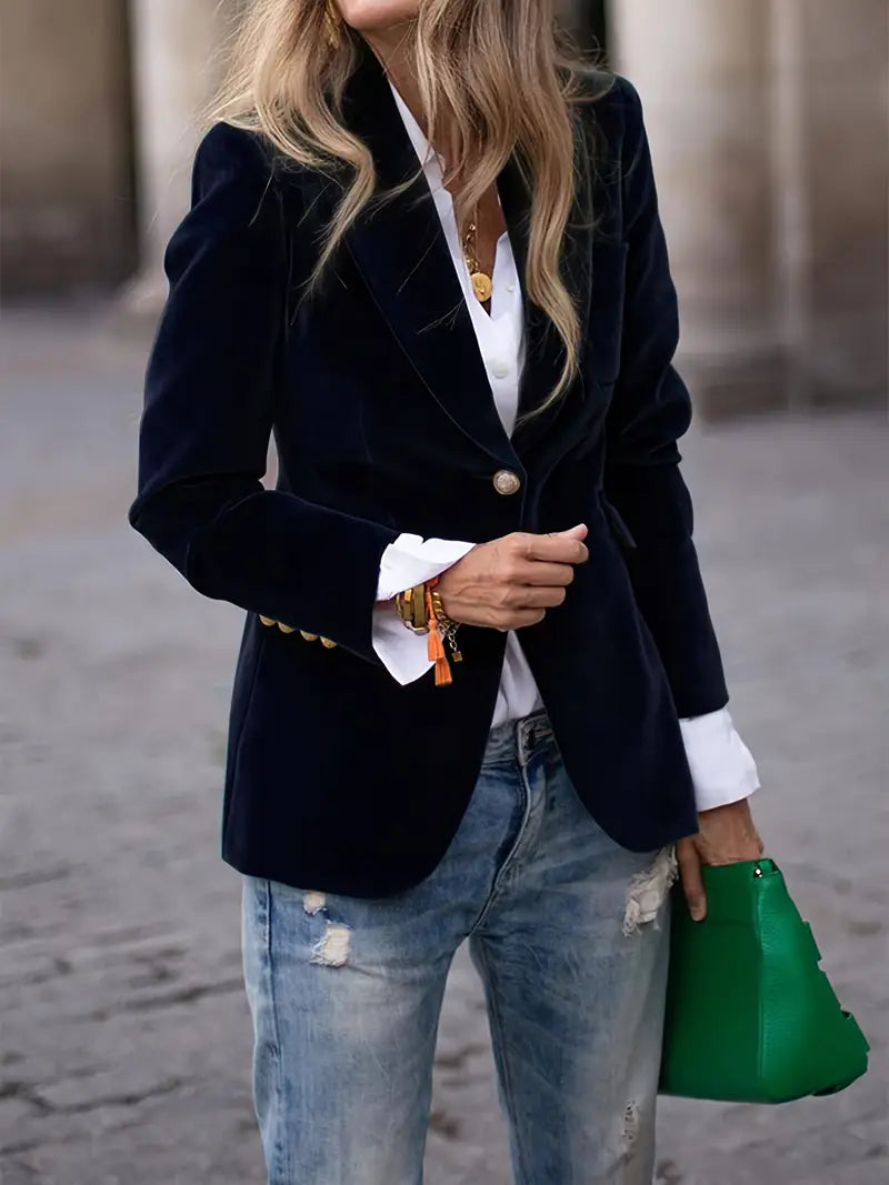 Damesblazer, klassiek — getailleerde linnen blazer met revers en één knoop