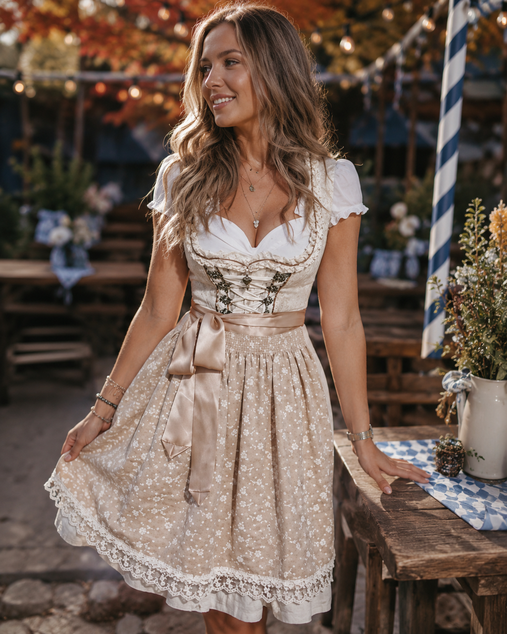 Dames trachtenjurk, beige — klassieke dirndl voor Oktoberfest en feesten