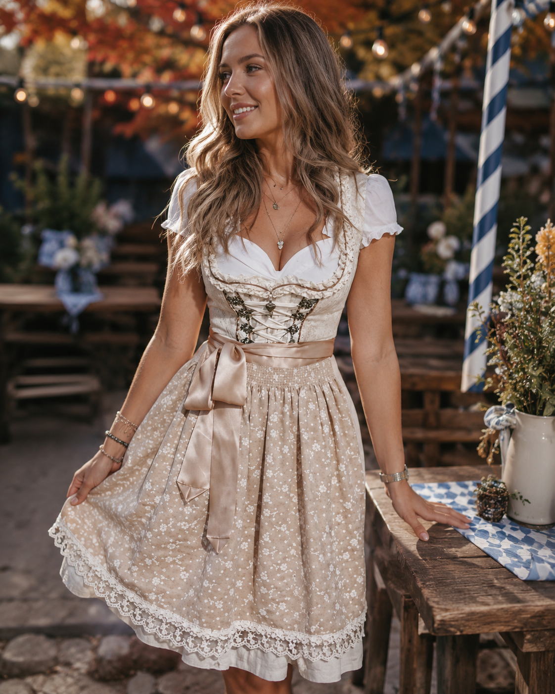 Dames trachtenjurk, beige — klassieke dirndl voor Oktoberfest en feesten