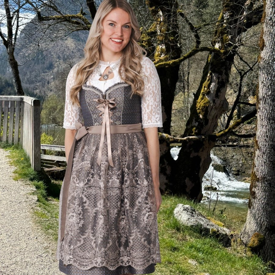 Tweedelige dirndl voor dames — bruine Oktoberfestjurk met bloemenpatroon