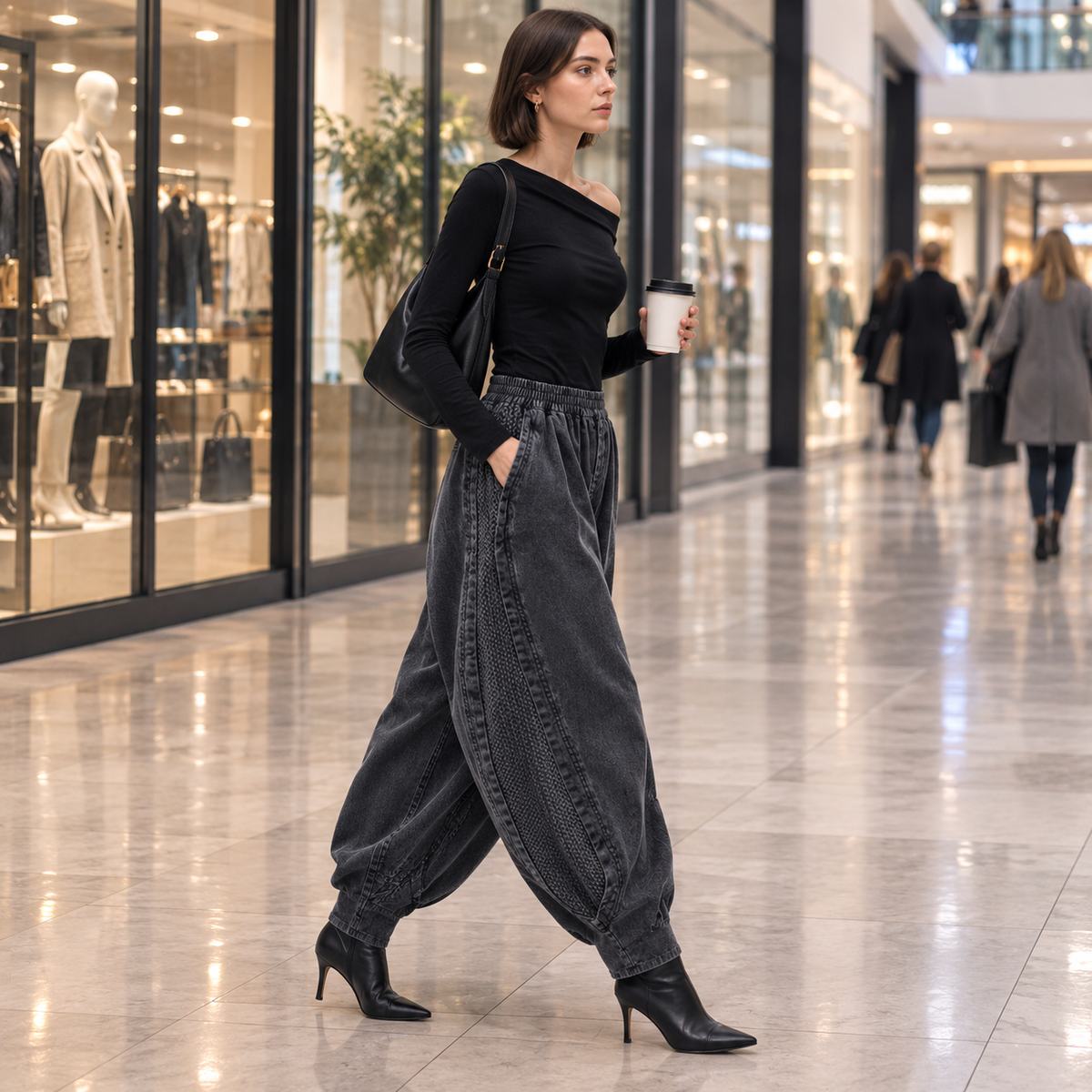 Dames harembroek van denim, grijs — losse pasvorm met elastische taille en zakken