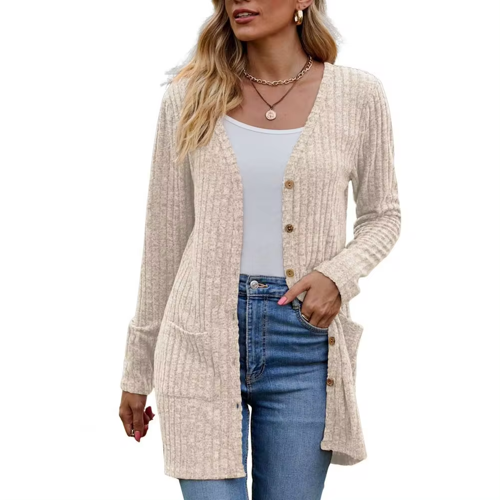 Dames gebreid vest — zachte acryl cardigan met lange mouwen
