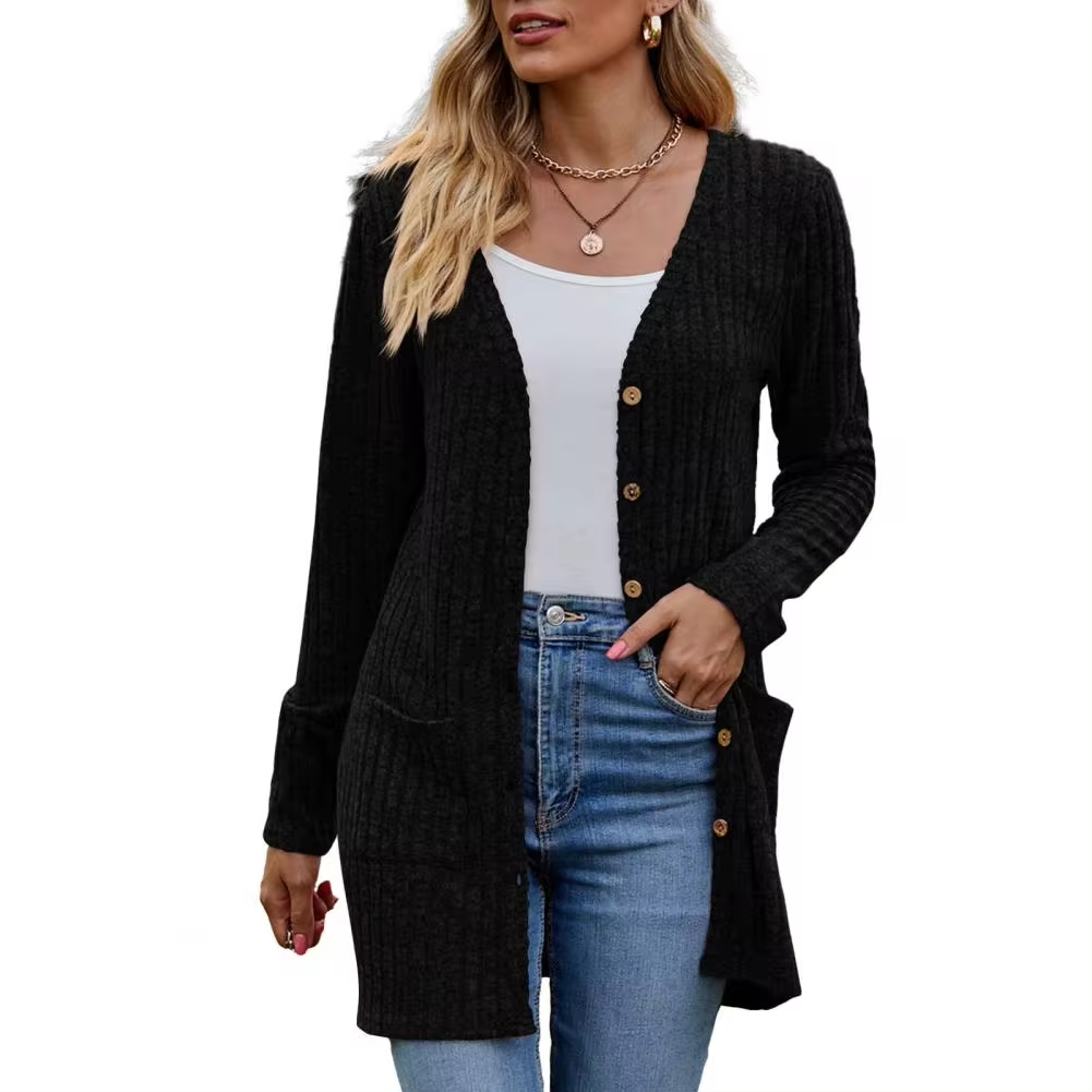 Dames gebreid vest — zachte acryl cardigan met lange mouwen