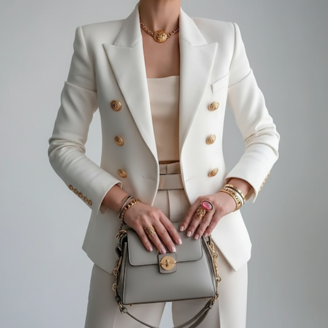Damesblazer met dubbele knoopsluiting — getailleerde blazer met klassieke kraag