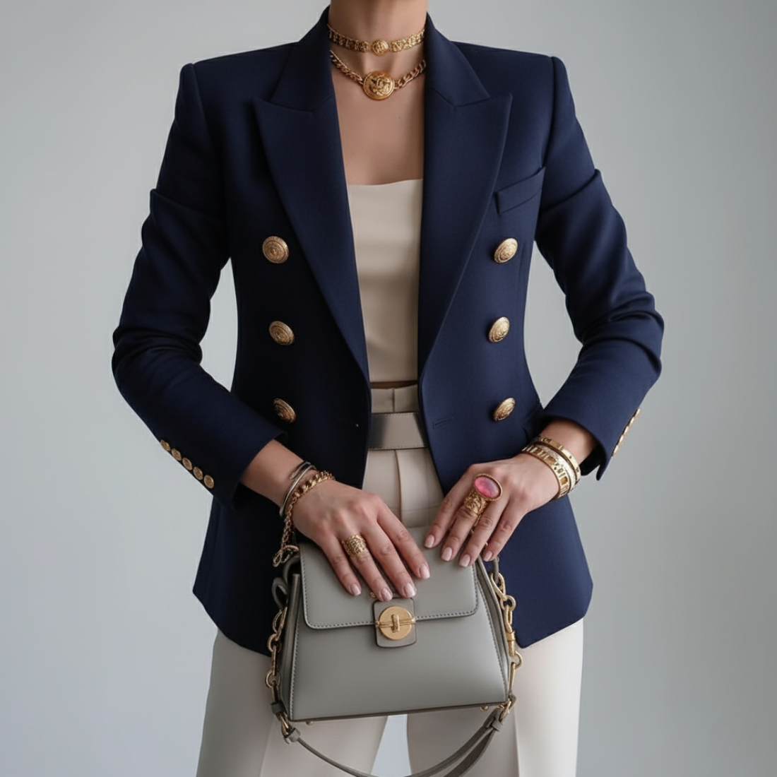 Damesblazer met dubbele knoopsluiting — getailleerde blazer met klassieke kraag