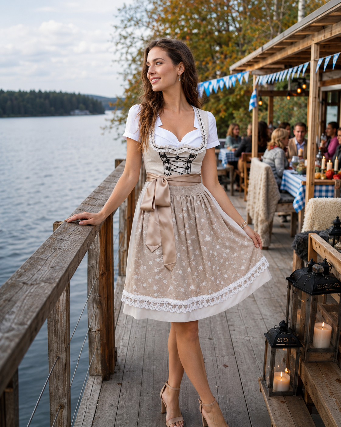 Dames dirndl-set, driedelig — traditionele dirndl-jurk met schort en blouse in beige