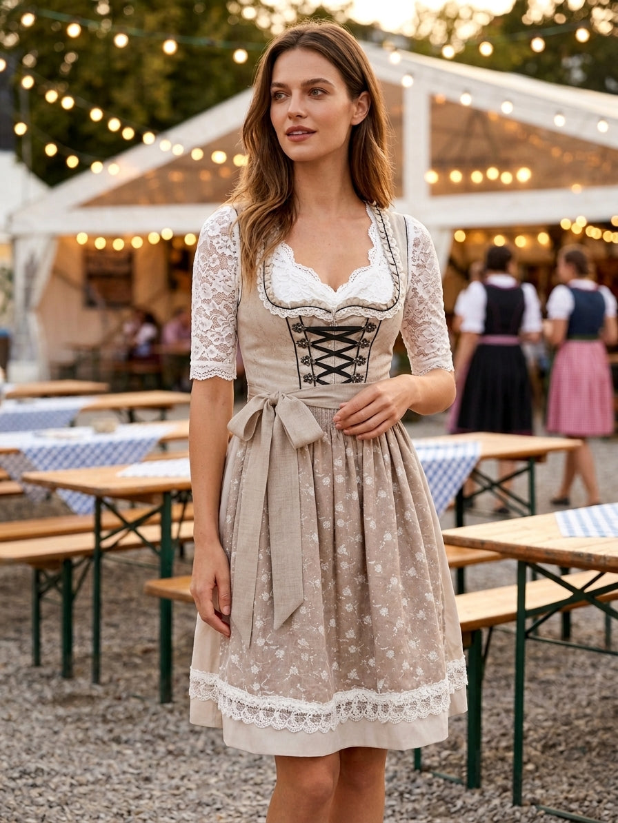 Dames dirndl-set, driedelig — traditionele dirndl-jurk met schort en blouse in beige