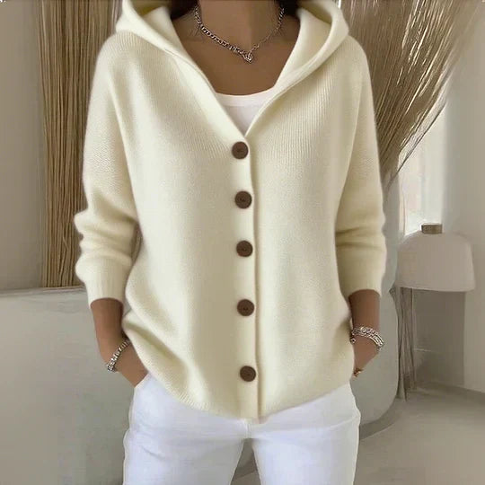 Dames gebreid vest met capuchon — cardigan van acryl met knopen