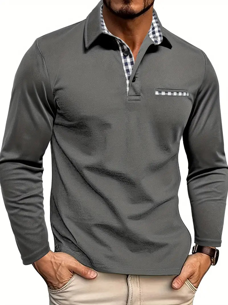 Heren piquéshirt met lange mouwen — klassiek wintermodel van katoen met kraag en knoopsluiting