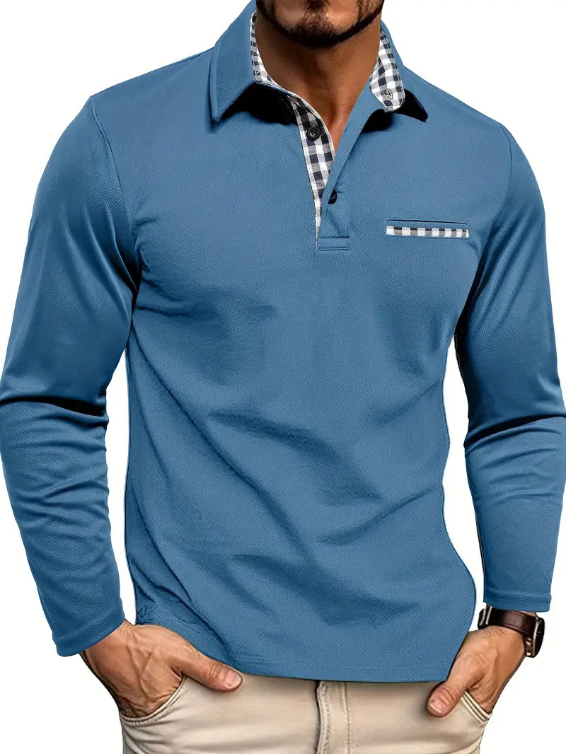 Heren piquéshirt met lange mouwen — klassiek wintermodel van katoen met kraag en knoopsluiting