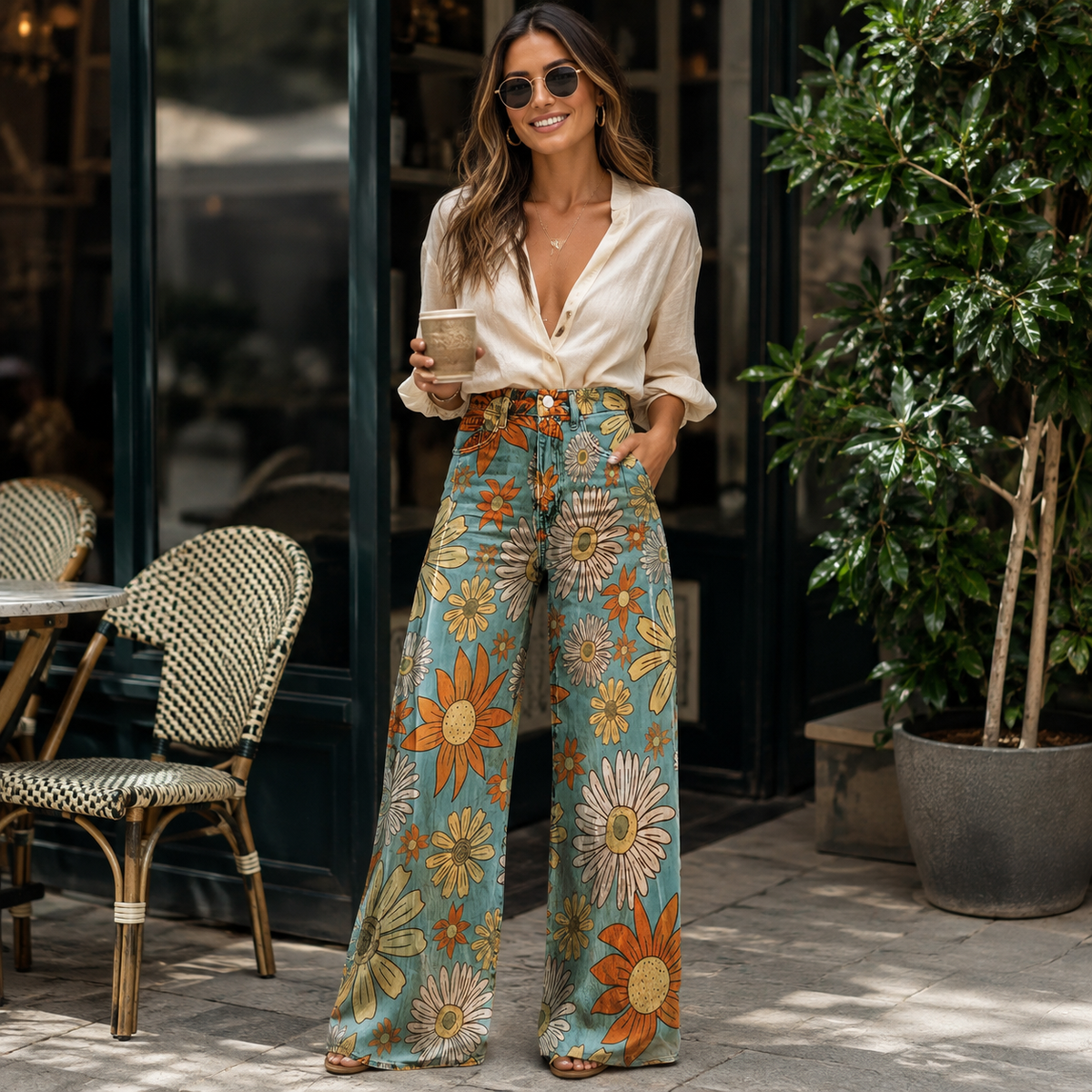 Damesjeans, wijde pijpen — high-waist, uitlopende jeans met bloemenprint