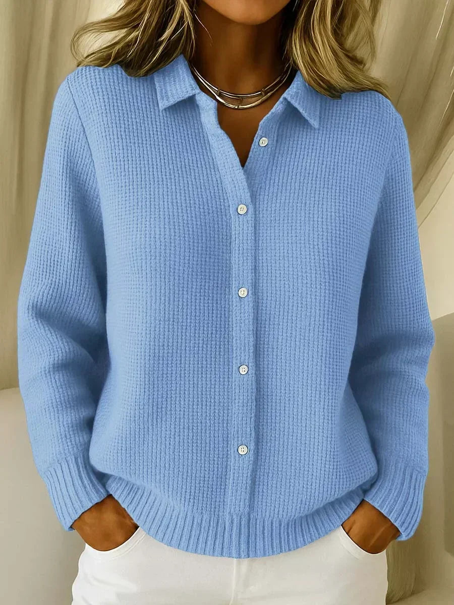 Dames gebreid vest — elegante lange cardigan van acryl met knoopsluiting
