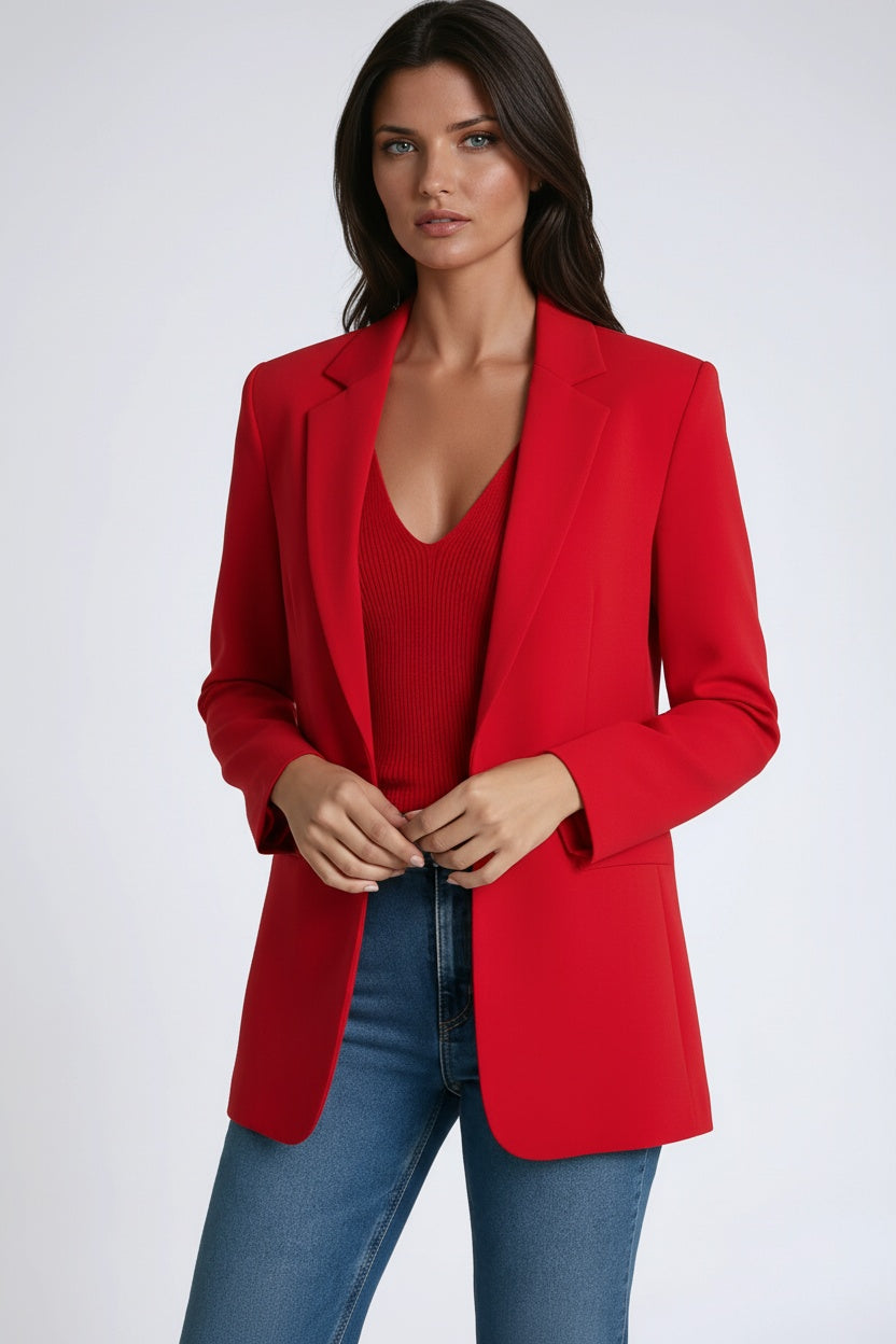 Damesblazer, lang model — getailleerde kantoorblazer met scherpe revers