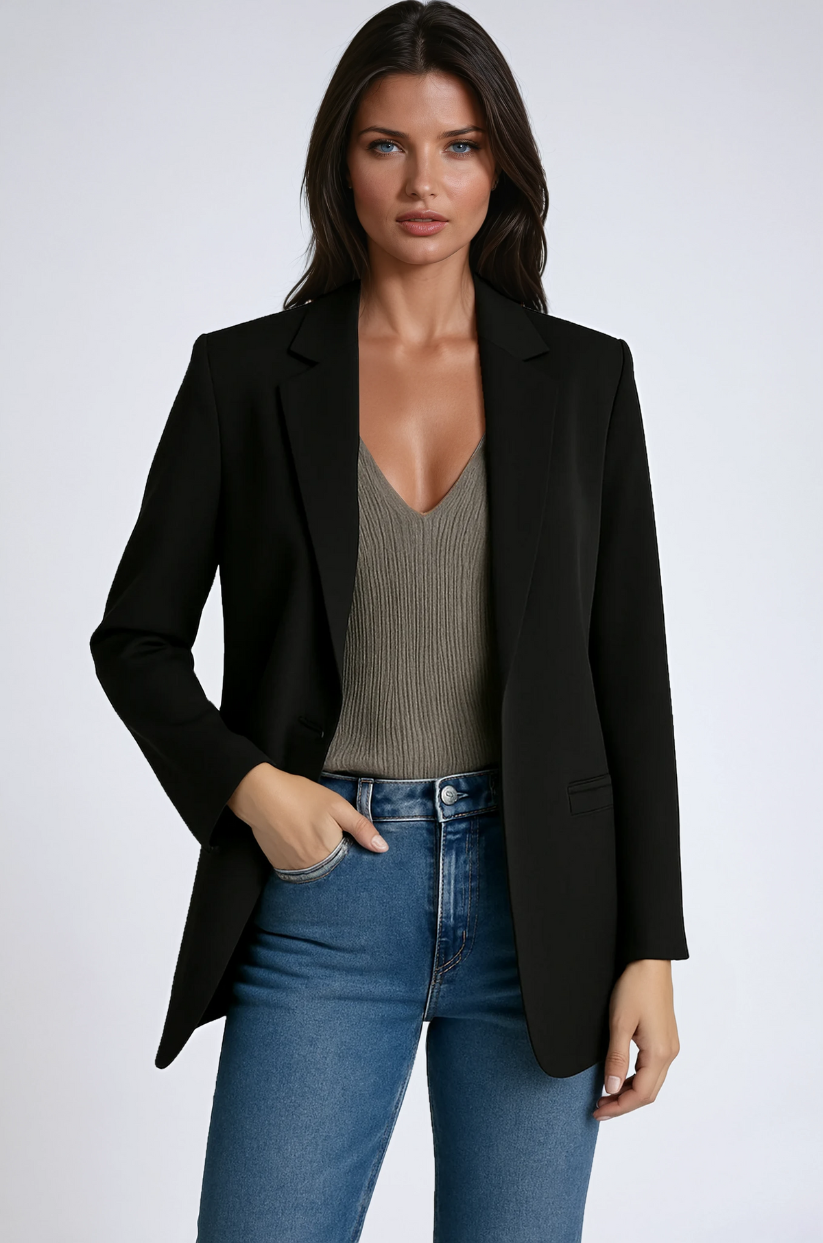 Damesblazer, lang model — getailleerde kantoorblazer met scherpe revers