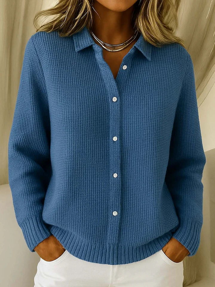 Dames gebreid vest — elegante lange cardigan van acryl met knoopsluiting