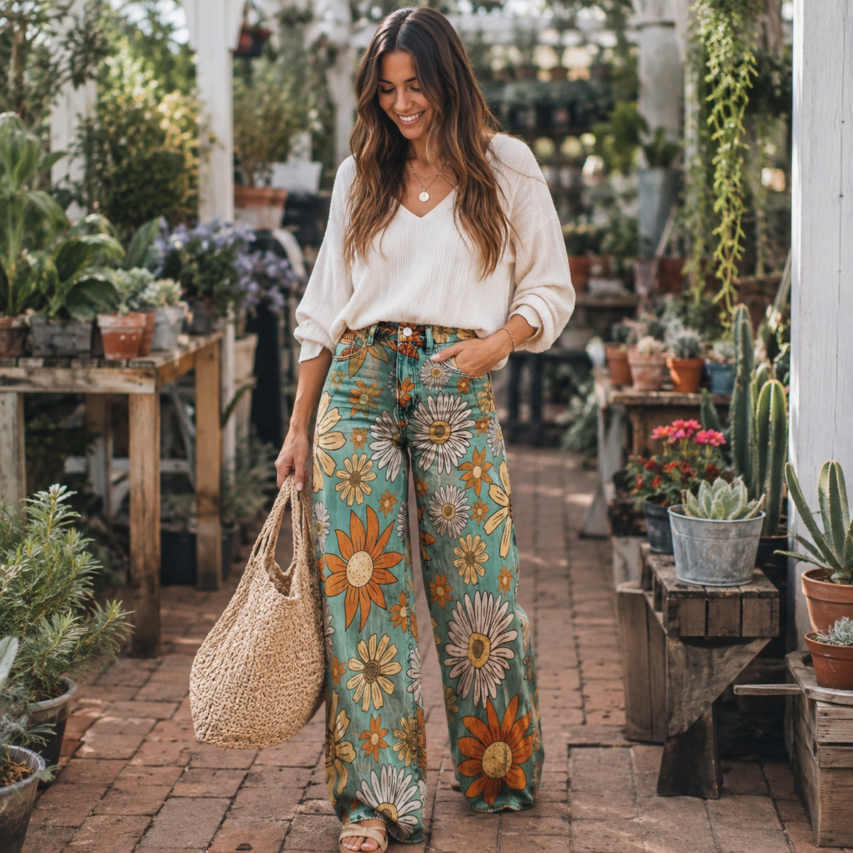 Damesjeans, wijde pijpen — high-waist, uitlopende jeans met bloemenprint
