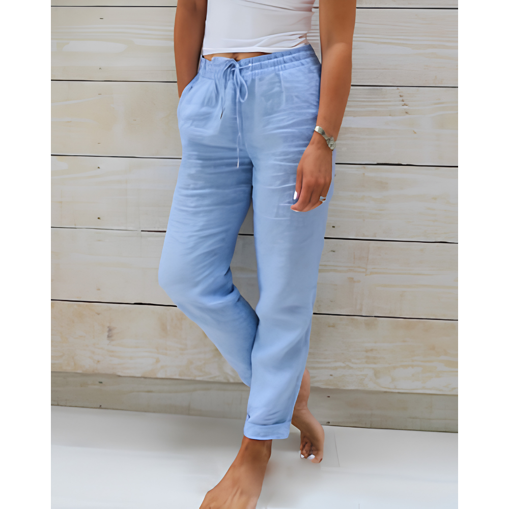Damesbroeken, high-waist — comfortabele zomerbroek met trekkoord en rechte pasvorm