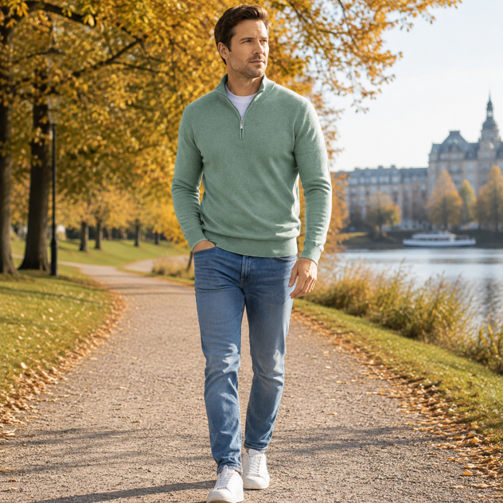Heren trui, katoen — comfortabele half-zip met lange mouwen