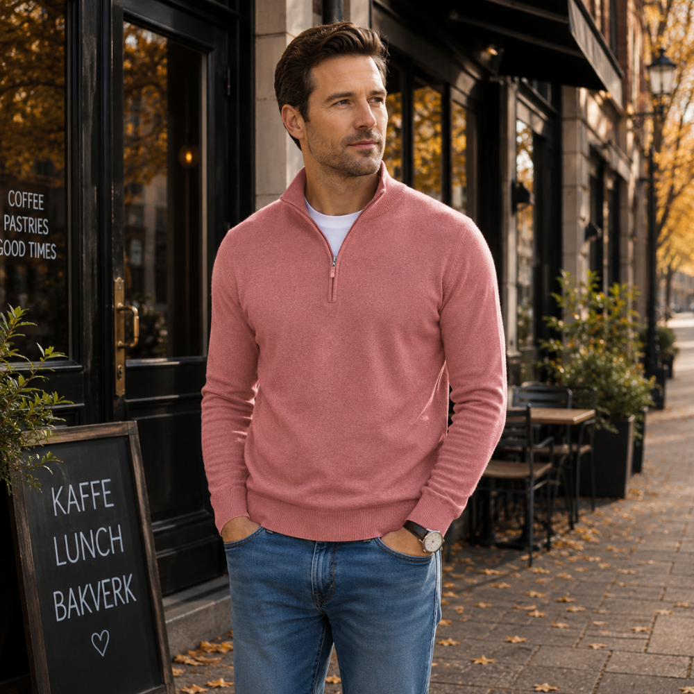 Heren trui, katoen — comfortabele half-zip met lange mouwen