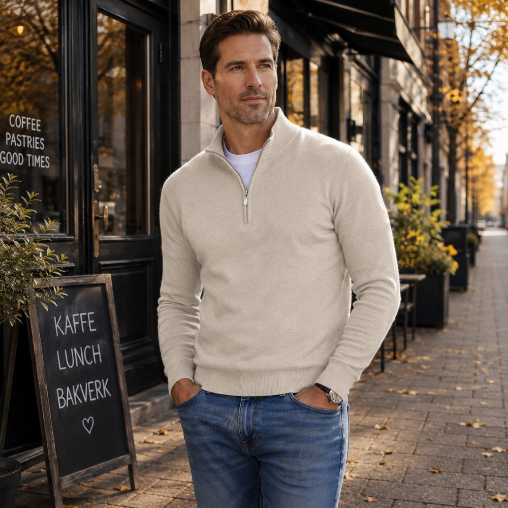 Heren trui, katoen — comfortabele half-zip met lange mouwen