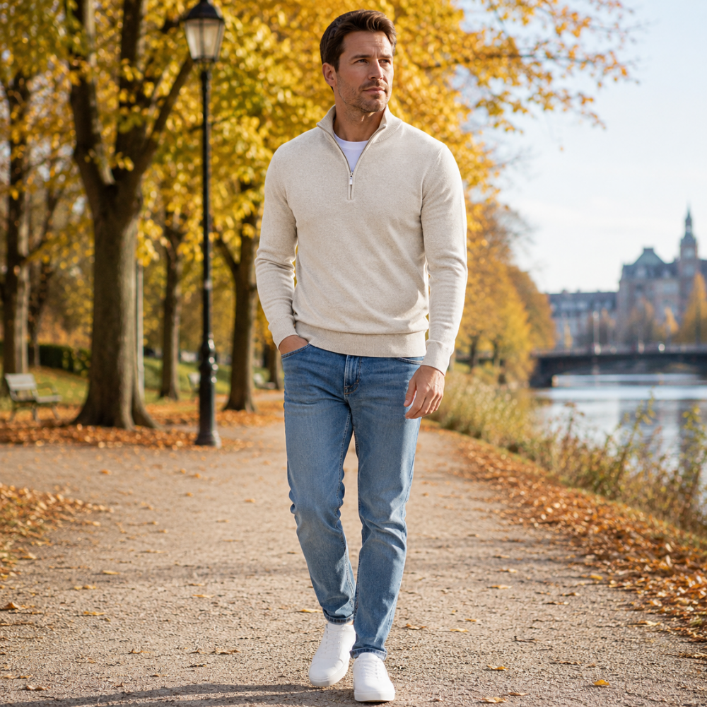 Heren trui, katoen — comfortabele half-zip met lange mouwen