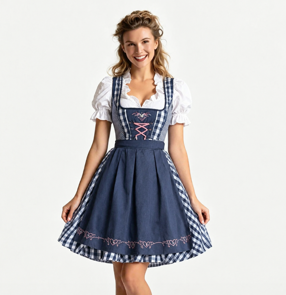 Dirndl dames met schort en blouse — driedelige Oktoberfest-set