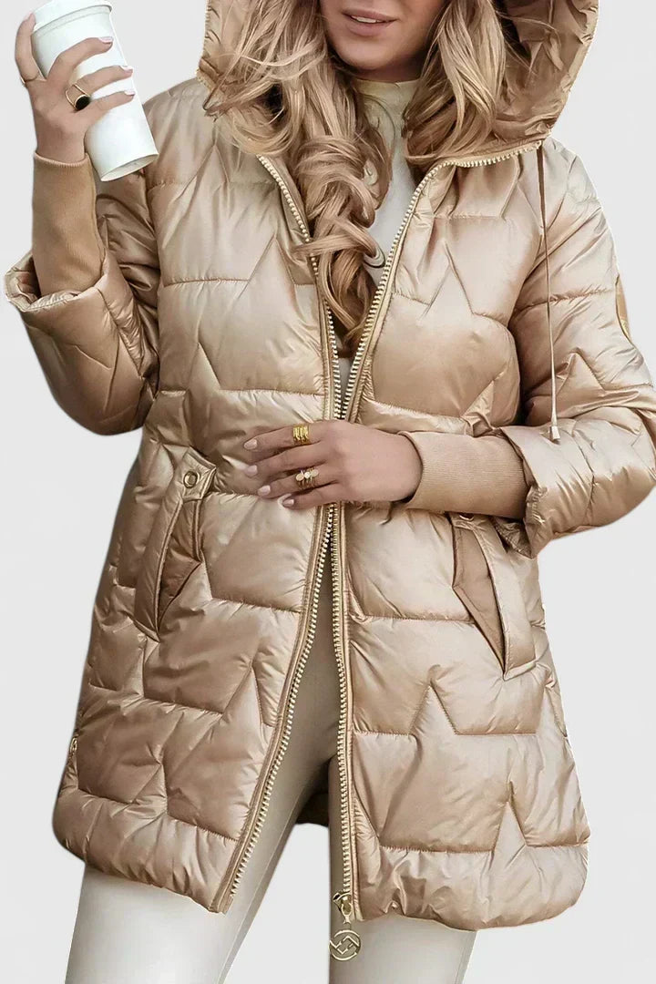 Dames gewatteerde jas — warm en elegant met capuchon voor de herfst