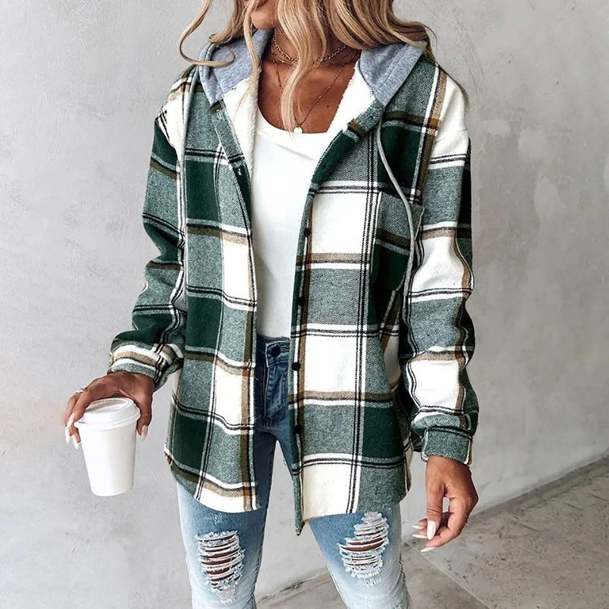 Dames geruite overhemdjas — hoodie van katoenmix met capuchon voor de winter