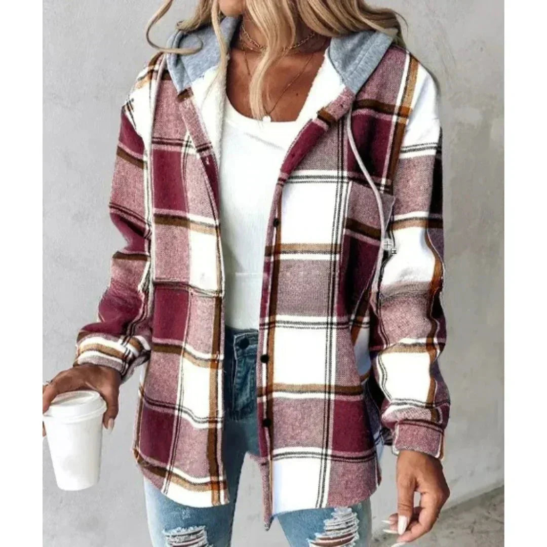 Dames geruite overhemdjas — hoodie van katoenmix met capuchon voor de winter