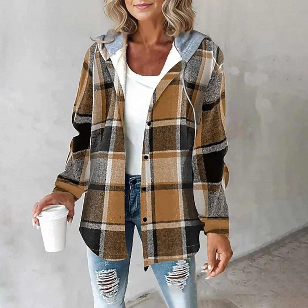 Dames geruite overhemdjas — hoodie van katoenmix met capuchon voor de winter