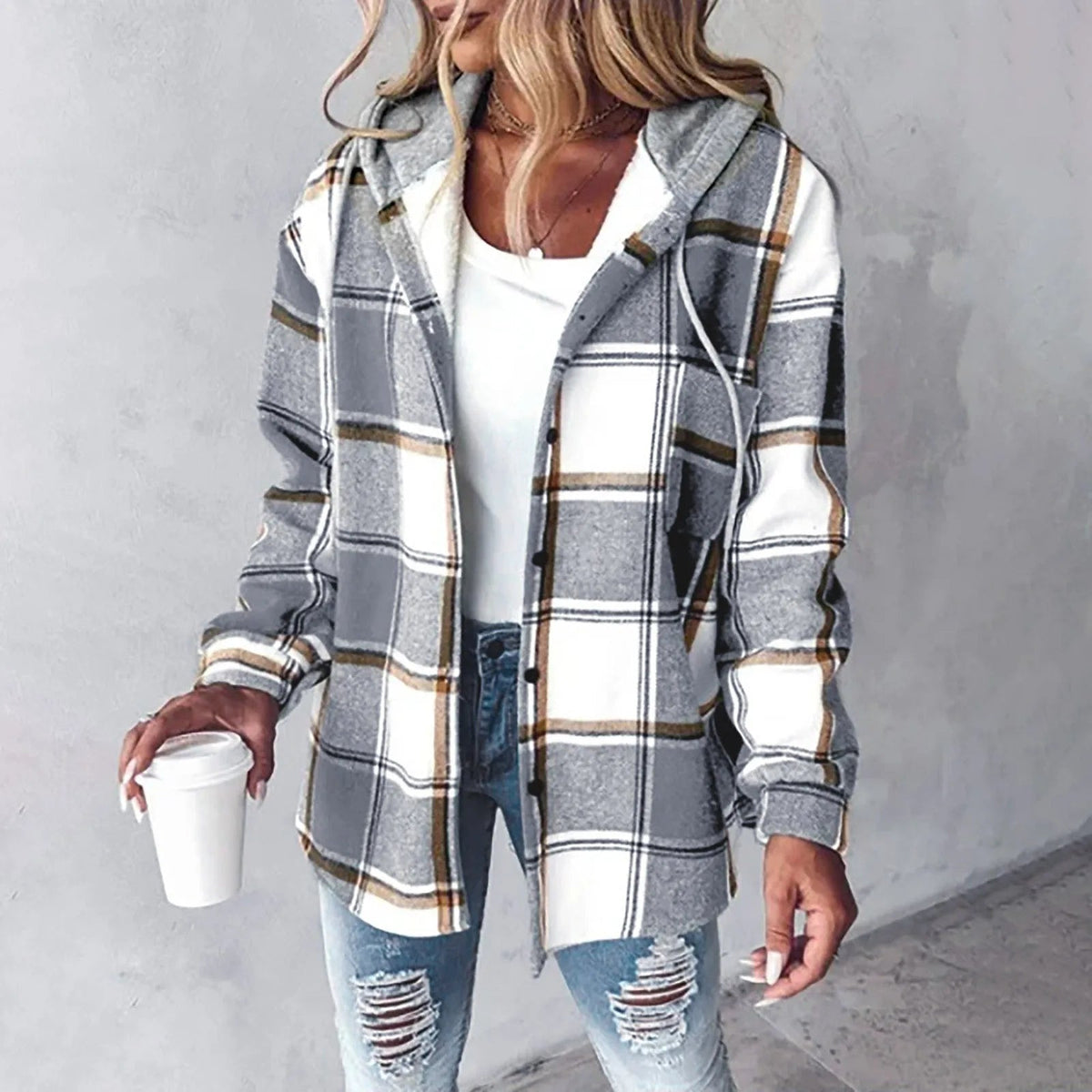 Dames geruite overhemdjas — hoodie van katoenmix met capuchon voor de winter