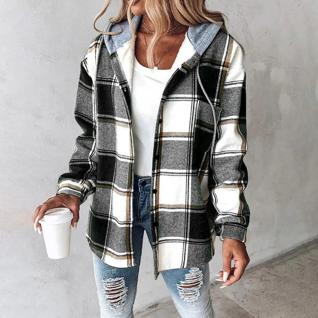 Dames geruite overhemdjas — hoodie van katoenmix met capuchon voor de winter