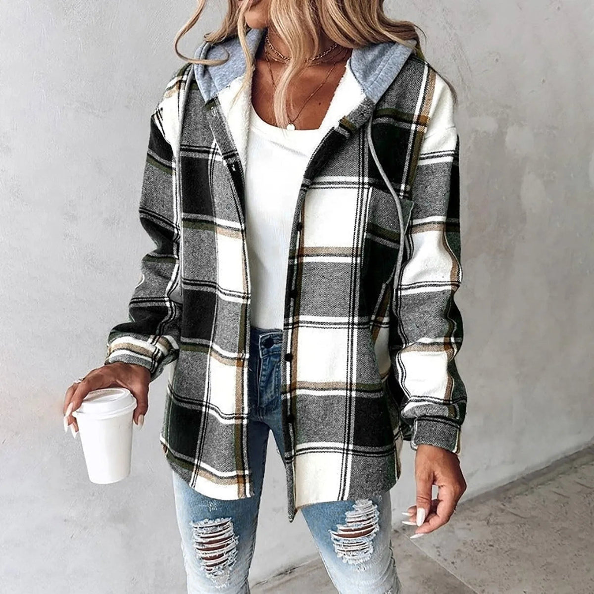Dames geruite overhemdjas — hoodie van katoenmix met capuchon voor de winter