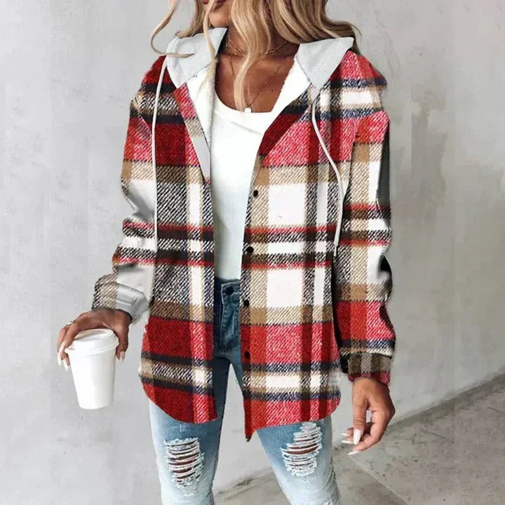 Dames geruite overhemdjas — hoodie van katoenmix met capuchon voor de winter